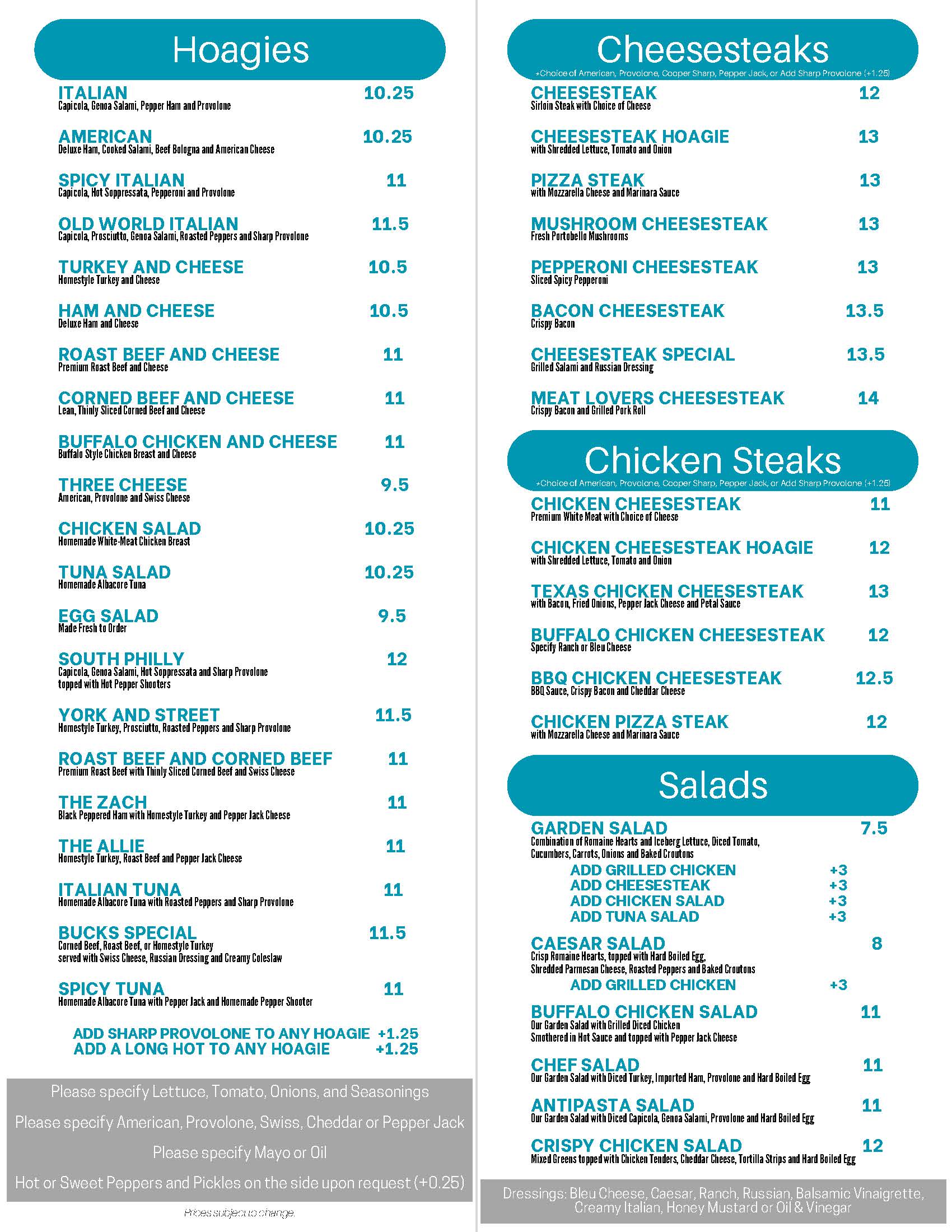 A menu for a restaurant with a blue and white background.