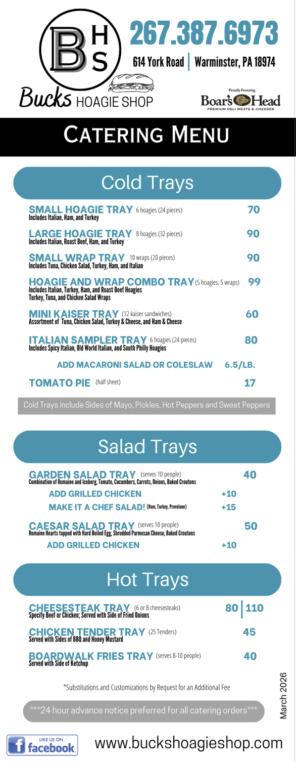 Bucks Hoagie Catering Menu