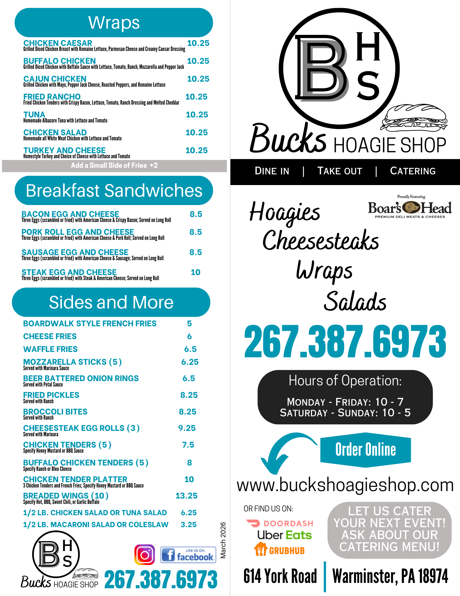 Bucks Hoagie Shop 2026 menu pg1